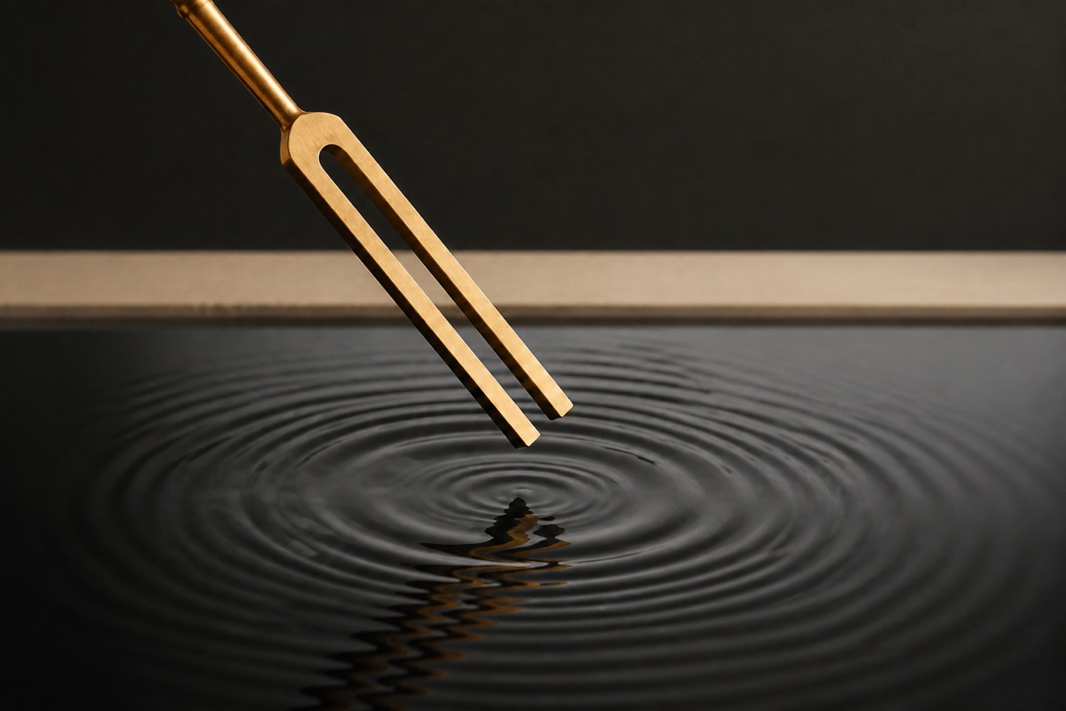 Executive presence training concept showing a brass tuning fork above precise concentric ripples on dark water.