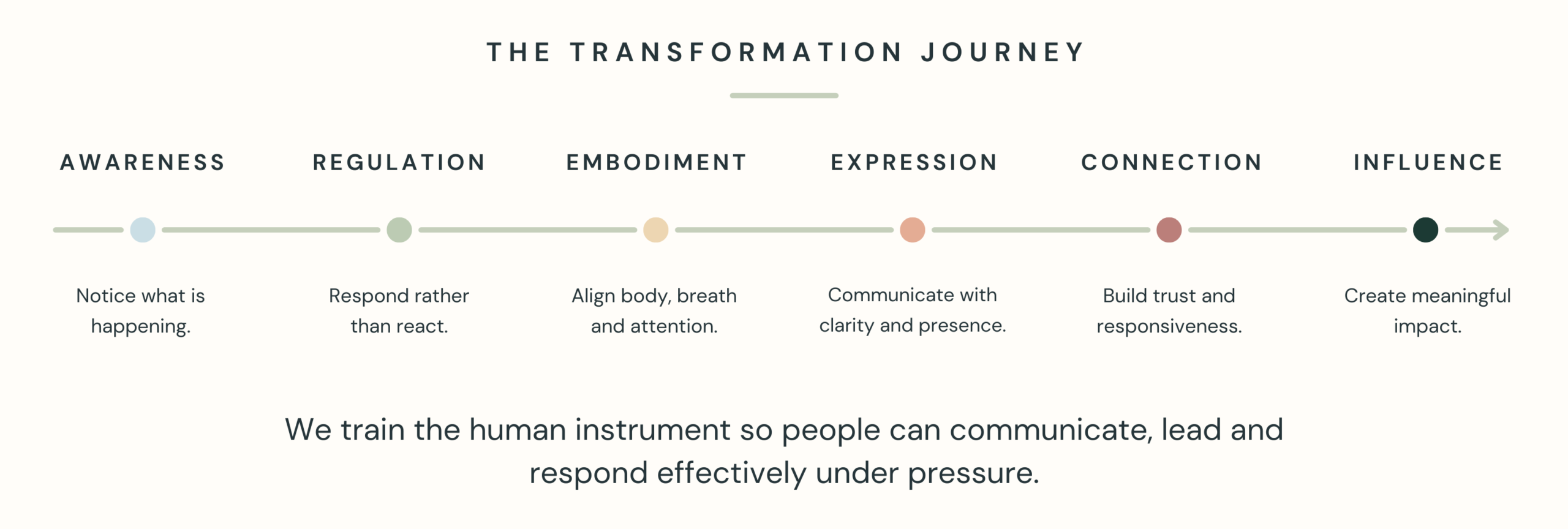 Transformation journey from awareness and regulation through embodiment, expression and connection to influence.